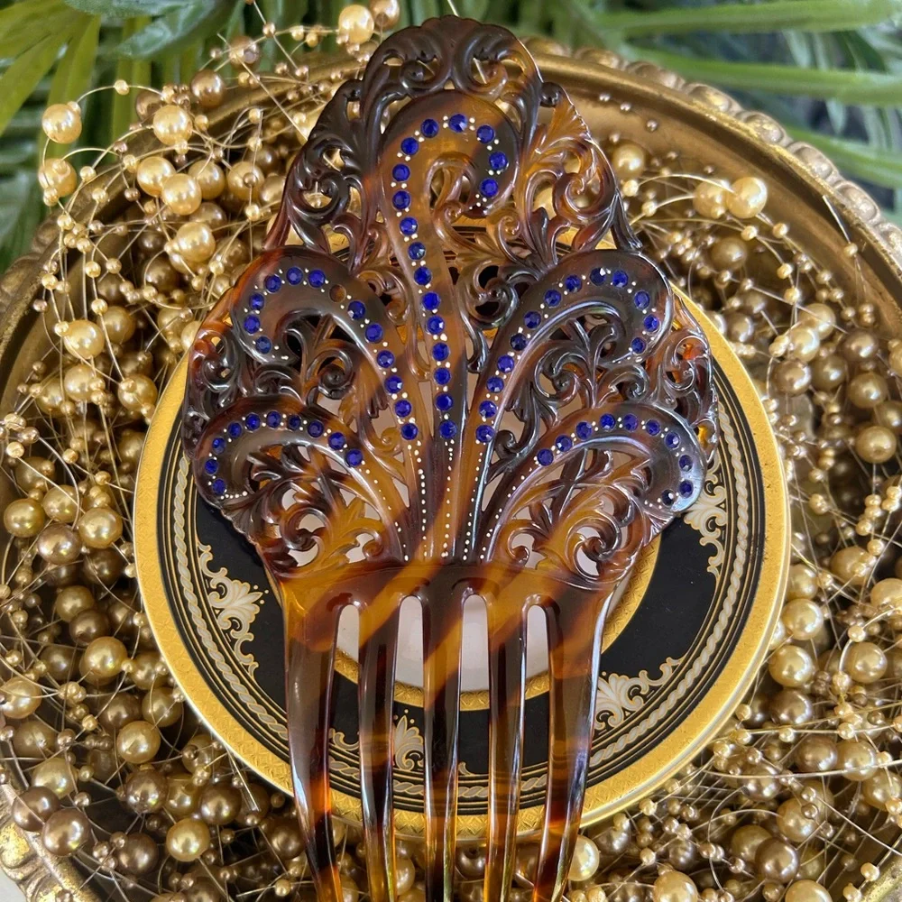 Vintage Victorian Blue Crystal Celluloid Tortoise Hair Comb
